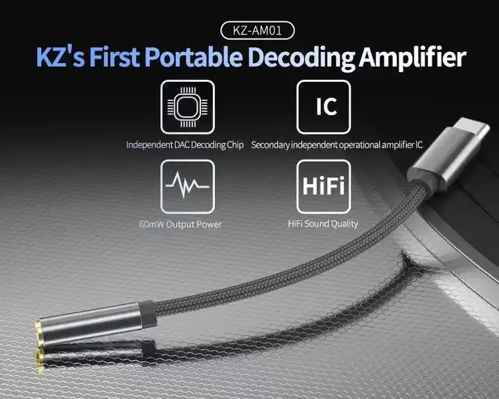 KZ AM01 – USB-C to 3.5 mm Hi-Fi DAC & Amplifier Adapter (32-bit / 384 kHz) for Earphones & Headphones