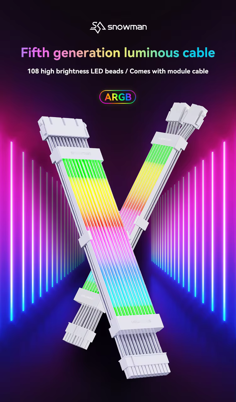 SNOWMAN 24-Pin + 8×2-Pin ARGB Extension Cables – 108 LED RGB Strip for Gaming PCs